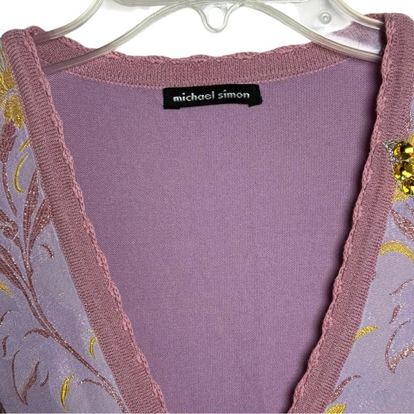 Michael Simon Silk Blend Floral Beaded Bird Cardigan Sweater Size XL Pink Purple - Picture 5 of 7